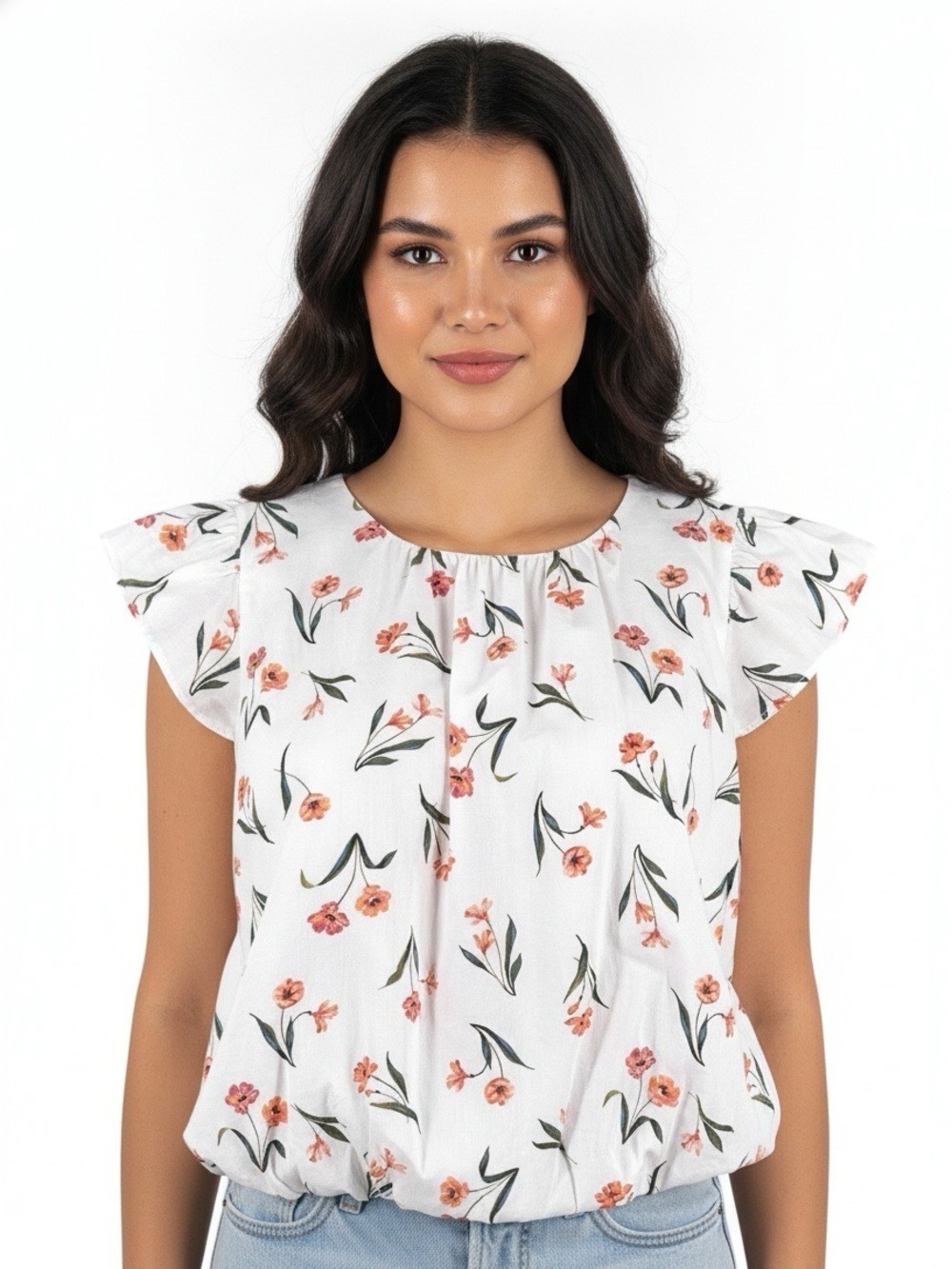 1 State Large White Floral Bubble Hem Short Flutter Sleeve Top